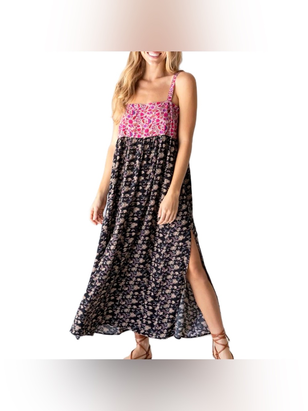 Natural Life Patti Side Slit Maxi Dress Women’s Medium Mixed Ditzy Floral Rayon